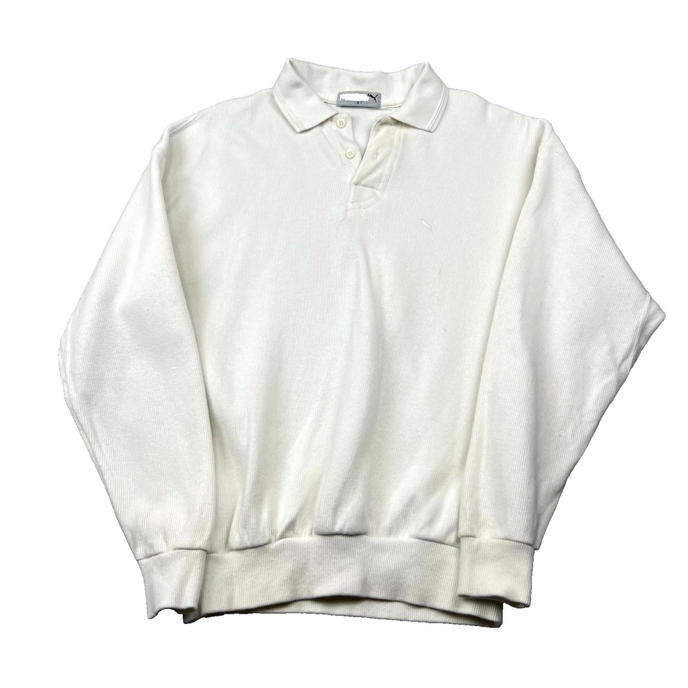 Puma Sweatshirt Mens 3 Medium White Cotton Knit Ribbed Collared Golf Preppy